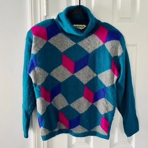 Richard and Company Vintage Retro Lambswool Rabbit Fur Geo Turtleneck Sweater